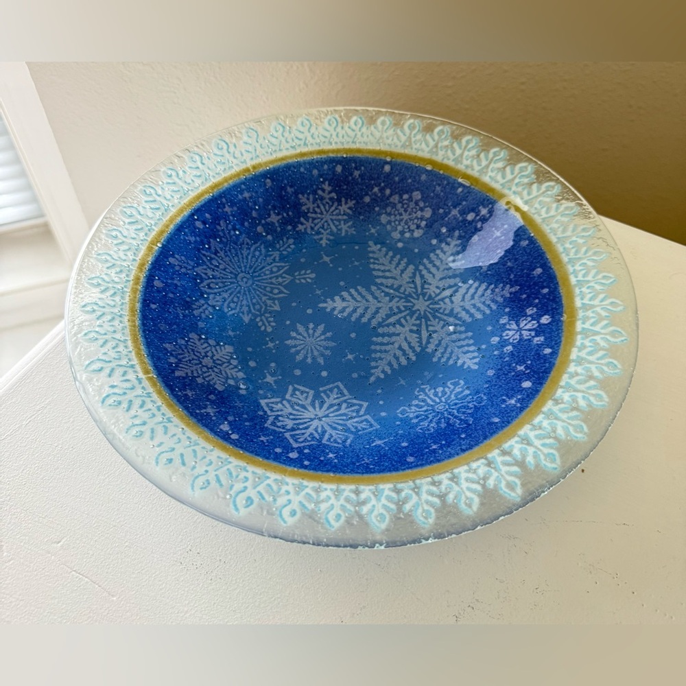 Peggy Karr | Blue Fused Glass Snowflakes Holiday Decorative Bowl | Signed
